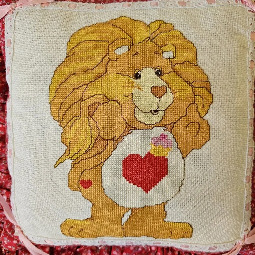 Vintage 80s 90s Carebears Pillow Brave Heart Lion‎ Cross Stitch Ruffle Floral